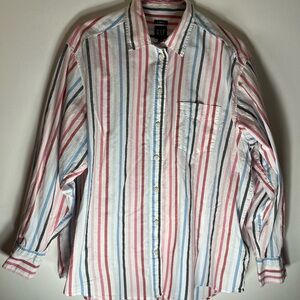 GAP White Button-Up Blouse with Red & Blue Stripes